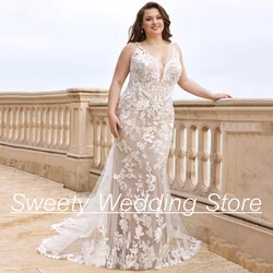 Champagne Lace Wedding Dress Plus Size Sexy V Neck Sleeveless Open Back Court Train Vestido De Noiva Woman Bride Bridal Gown