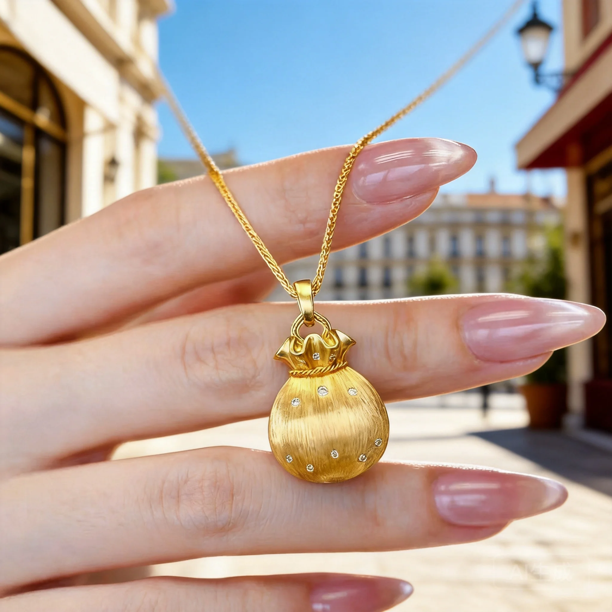 

Women's Imitation Gold Rhinestone Inlaid Brushed Lucky Fortune Pouch Pendant Necklace 2026 Light Luxury Chinese Style Jewelry