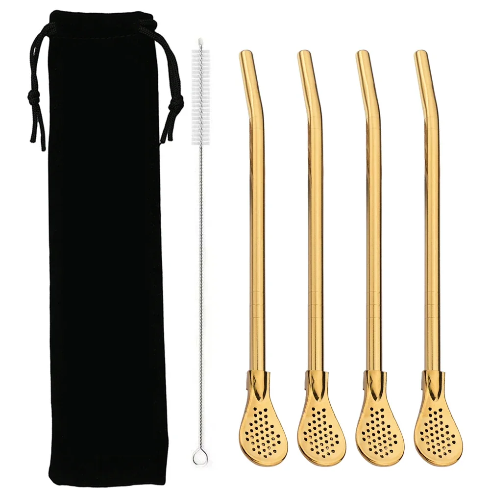4Pcs Gold Stainless Steel Tea Straw Spoon Tea Filter Mate Drinking Straws with Brush and Bag Reusable Tea Tools Bar Accessories