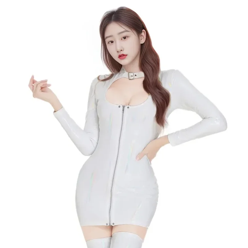 Seksowna Sukienka z Błyszczącej Skóry PU z Wycięciami, Długi Rękaw, Mikro Mini, Sztuczna Skóra, Cosplay, Sukienka Bodycon do Tańca, Nowa