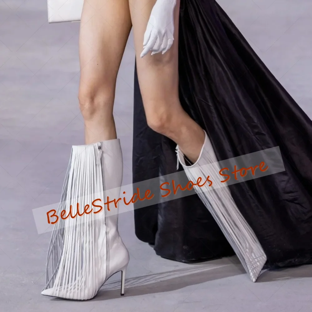 

White Side Zipper Tassels Pointed Toe Boots Matte Leather Women Shoes Thin High Heels Party Banquet Dating 2025 Zapatos Para Muj