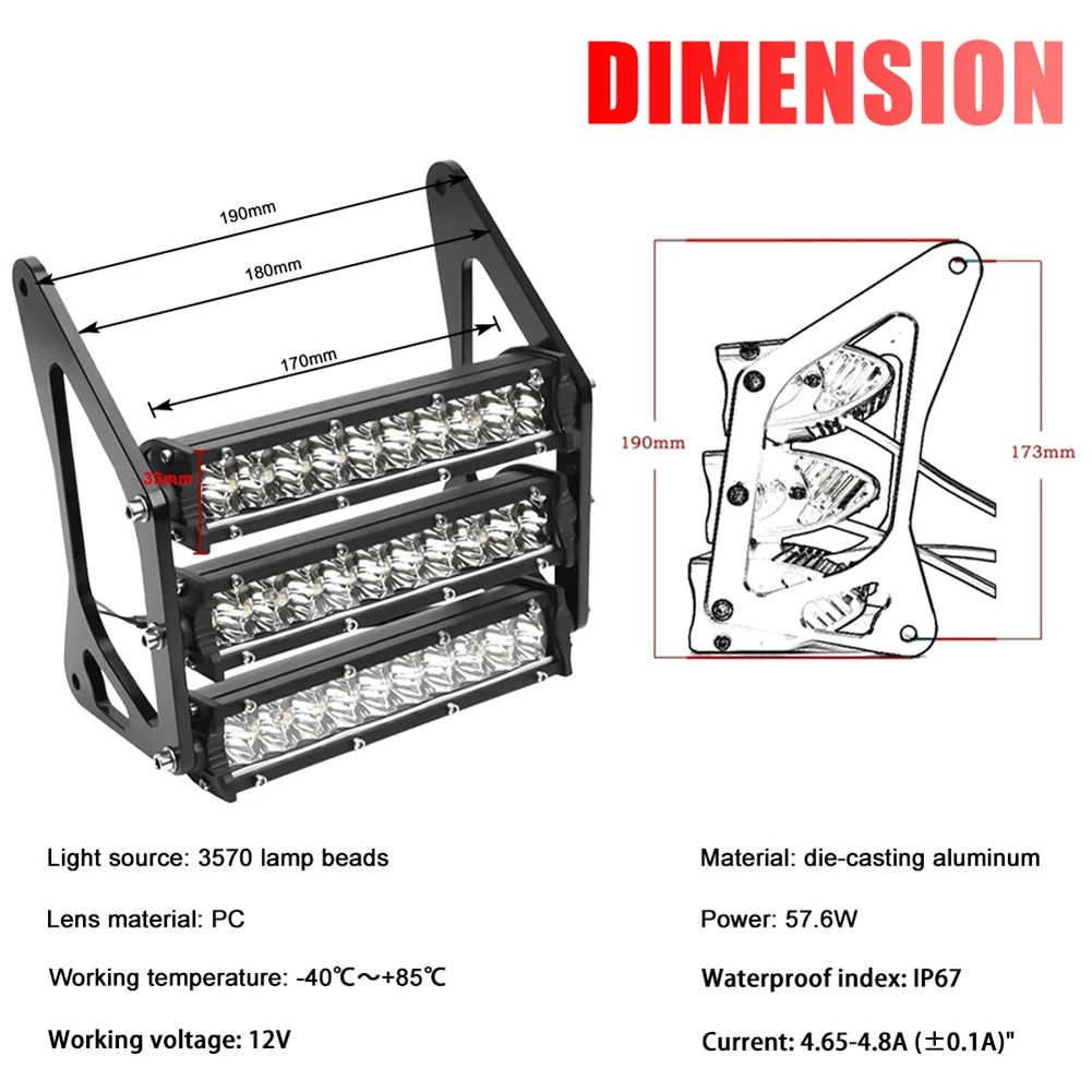 Motorcycle 3 Rows LED Headlight Work Light Bar Spotlight 12V 3570 Beads For Grom MSX125 2013-2016 For Truck Offroad Car SUV