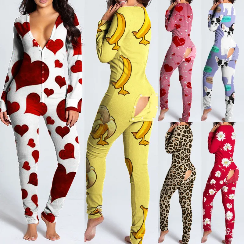 Sexy Pyjama Women\'s Jumpsuit Suit Button-down Front Back Butt Bum open Ass Flap Jumpsuit Loungewear Christmas Print Buttoned NEW