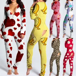 Sexy Pyjama Women's Jumpsuit Suit Button-down Front Back Butt Bum open Ass Flap Jumpsuit Loungewear Christmas Print Buttoned NEW