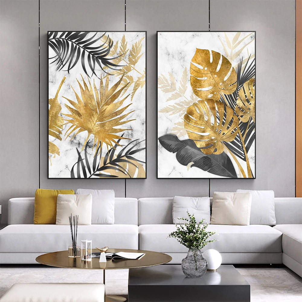 Abstract Canvas Paintings Golden Tropical Palm Leaf Modern Interior Home Wall Decor Art Posters Prints Pictures No Frame