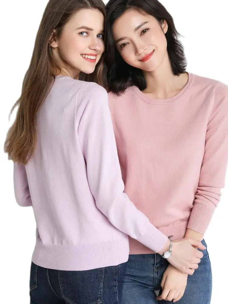 Spring Autumn Women Merino Wool Sweater Cashmere Pullover O-Neck Knitwear Slim Solid Collar Fashion Basic Clothing Tops