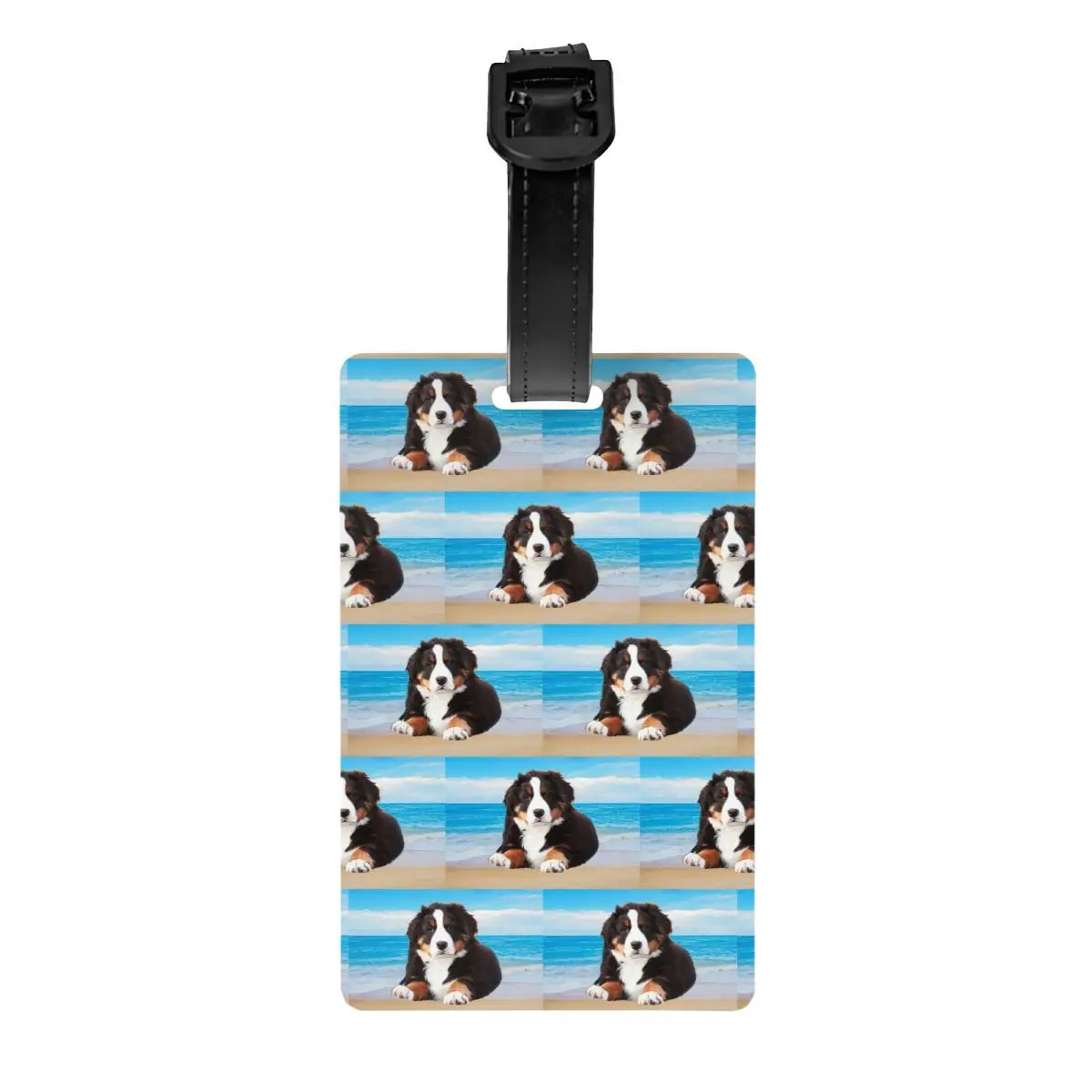 Bernese Mountain Dog Sitting On Beach Luggage Tags Custom Animal Baggage Tags Privacy Cover Name ID Card