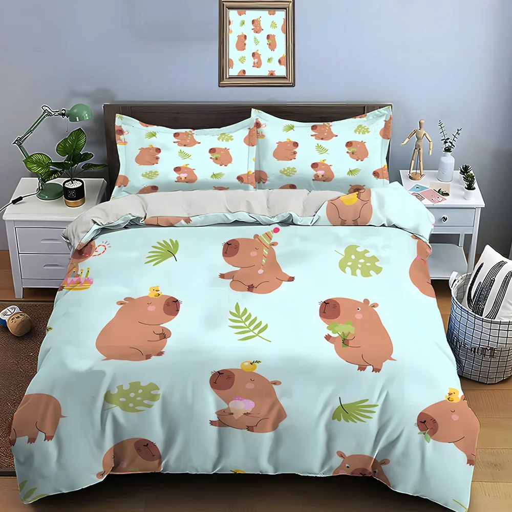 Cartoon - Funny Capybaras pattern Bedding Set for Kids Luxury Gift 3pcs Digital Print Comforter Set Soft Comfortable Breathable