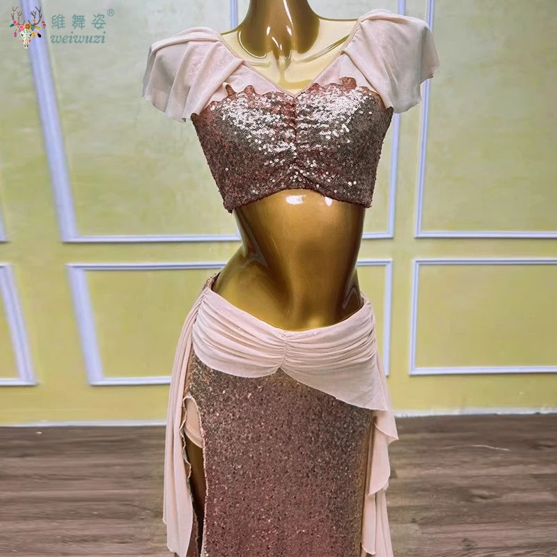 

Костюм для танца живота, женский индивидуальный высококачественный тренировочный комплект с блестками для взрослых и детей, наряд для восточного танца живота