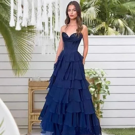 Retro Strapl Vestido de Noite Par Princ Saia Vestido Em Camadas de Renda Longo Dr Fenda Maxi Dr sem Sve Cintura Reunida