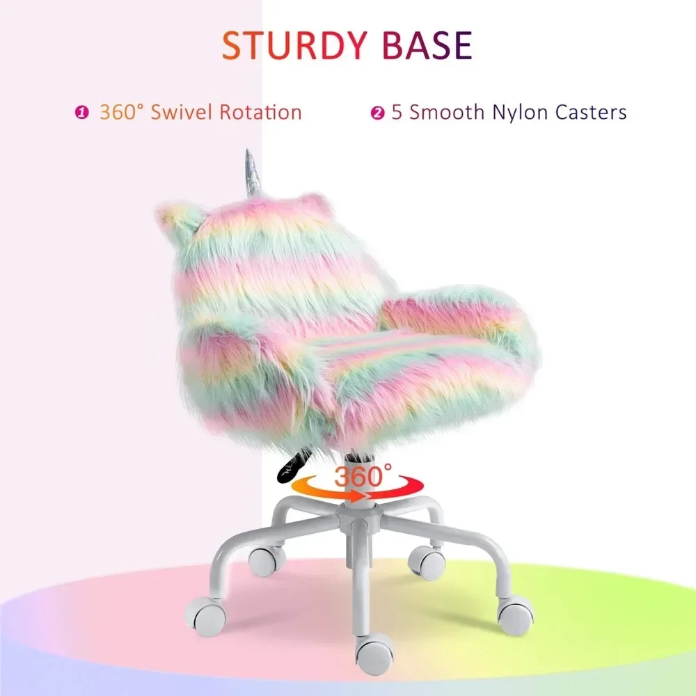 office chair.Fluffy Unicorn Office Chair with Mid-Back and Armrest Support, 5 Star Swivel Wheel White Base, Rainbow