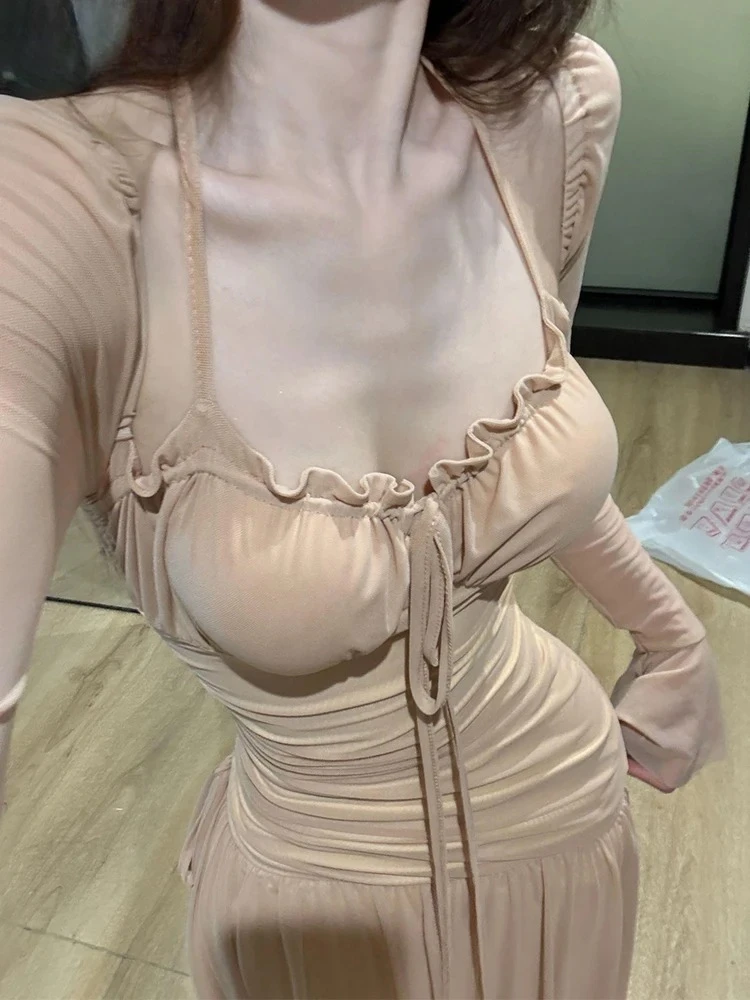 

French Vacation Neck Mesh Long Dress Temperament Sweet Beautiful Woman Light Luxury High Sense Temperament Long Sleeve Dresses