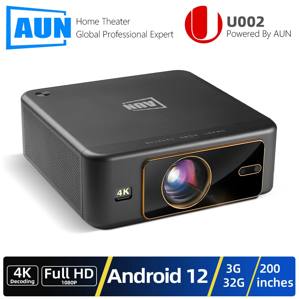 AUN U002 Projector Android 12 Auto Focus 200inches Theater ROM 32GB LED Full HD 1080P 4K Video Projector 3D Home Cinema Smart TV