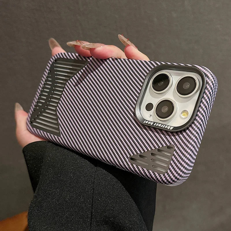 

Luxury Carbon Fiber Pattern Phone Case For iPhone 16 Pro 12 13 14 15 Pro Max Shockproof Cooling Heat Dissipation Cover Bumper