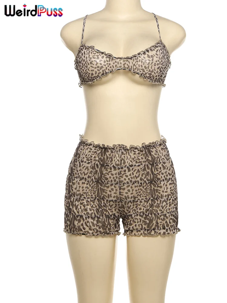 Weird Puss Leopard Print Women 2 Piece Set Sexy See Through Summer Ruffles Camisole+Shorts Vacation Matching Clubwear Outfits