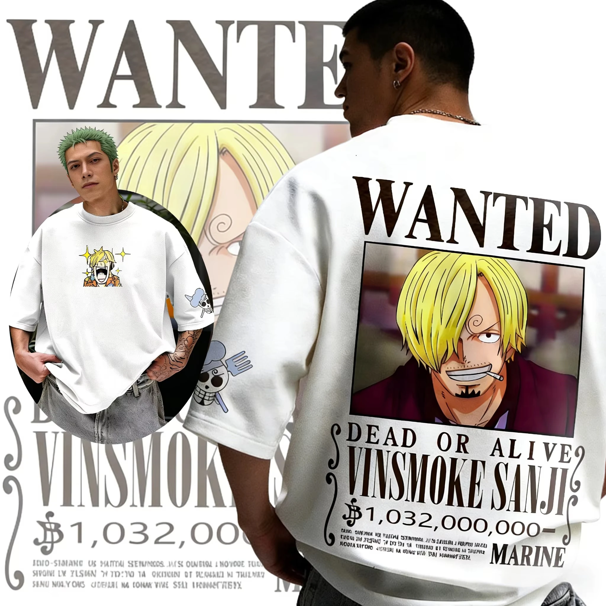2026 Summer One Piece Vinsmoke Sanji Wanted Print Vintage Cotton Short Sleeve T-Shirt Adult Kids Casual Sport Top Anime Fans