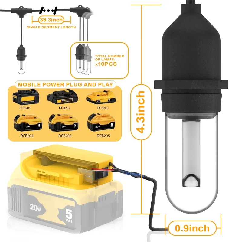 32FT LED Outdoor String Light for Dewalt 18/20V Battery Portable Cordless with 10 Shatterproof LED Bulbs Waterproof Hanging