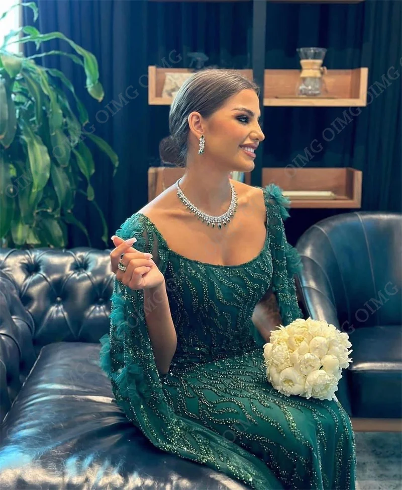 OIMG Green Shiny Sequins Dubai Evening Dresses Arabic Women Sparkly Beads Long Cape Sleeves Prom Gowns Formal Party Dress