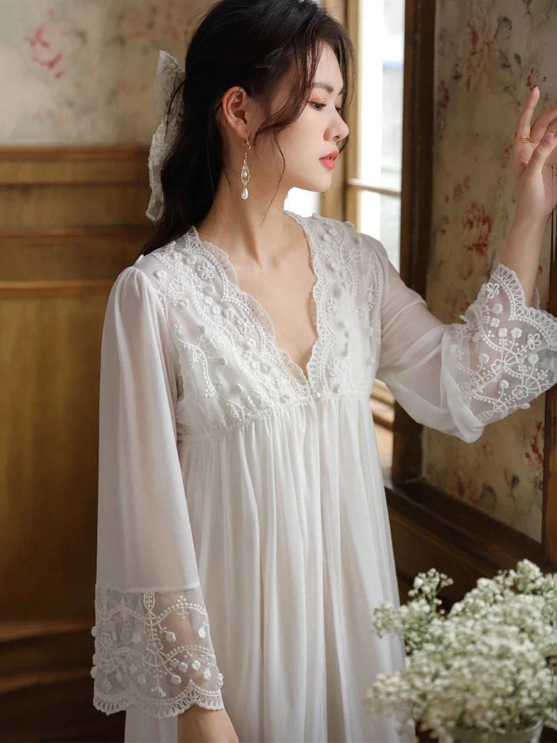 Women Nightgowns Ruffles Fairy Dress Long Sleeve Spring Breast Pad Cotton Spaghetti Strap Back Vintage Princess Sexy Sleepwear