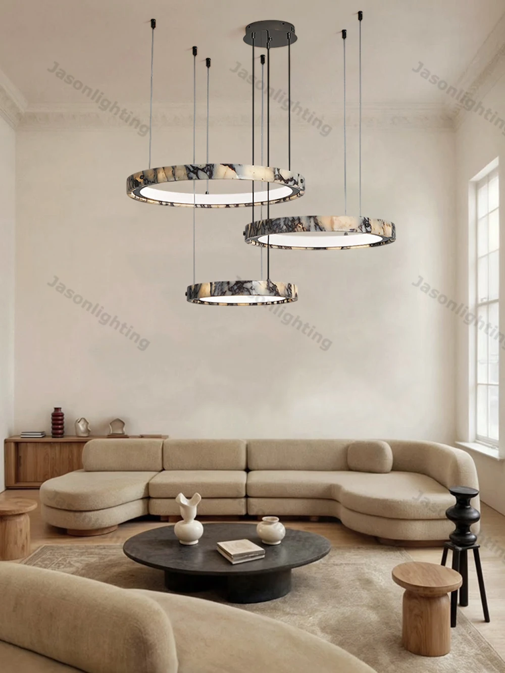 5-Ring Natural Marble Gold Chrome Dimmable LED Chandelier