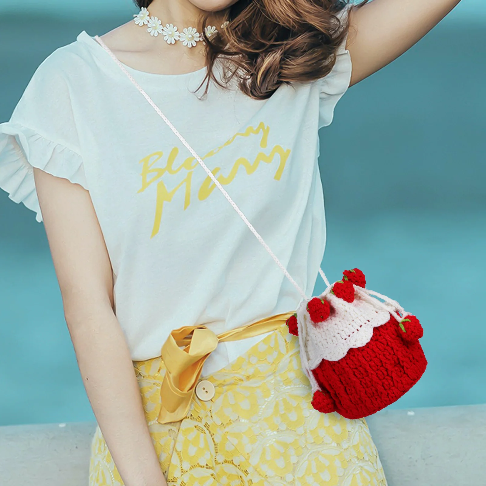 

Strawberry Cake Bag Knitted Crossbody Purse Lightweight Soft Drawstring Closure Adorable Design Sweet Present Bucket Handbag