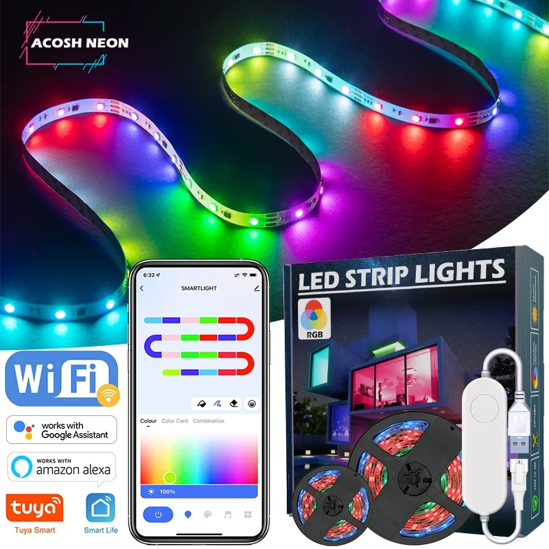 TUYA LED Strip Lights WS2812 RGBIC Adresowalna taśma świetlna z efektem łapania Wifi USB 5V Smartlife Dreamcolor do sypialni TV