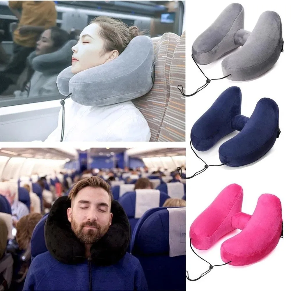 Inflatable Design Travel Neck Pillow With Storage Pouch Breathable Design U-Shaped Pillow Adjustable Portable H-Shaped Pillow