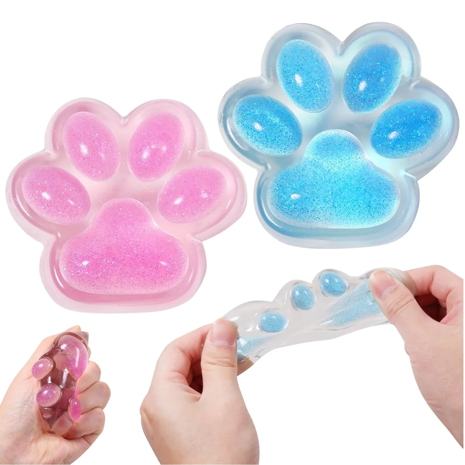 Squishy Cat Paw Squeeze Toys Ice Through Sparkling Powder Kawaii Stress Anxiety Relief Soft Sensory Toys for Adults Kids Teens