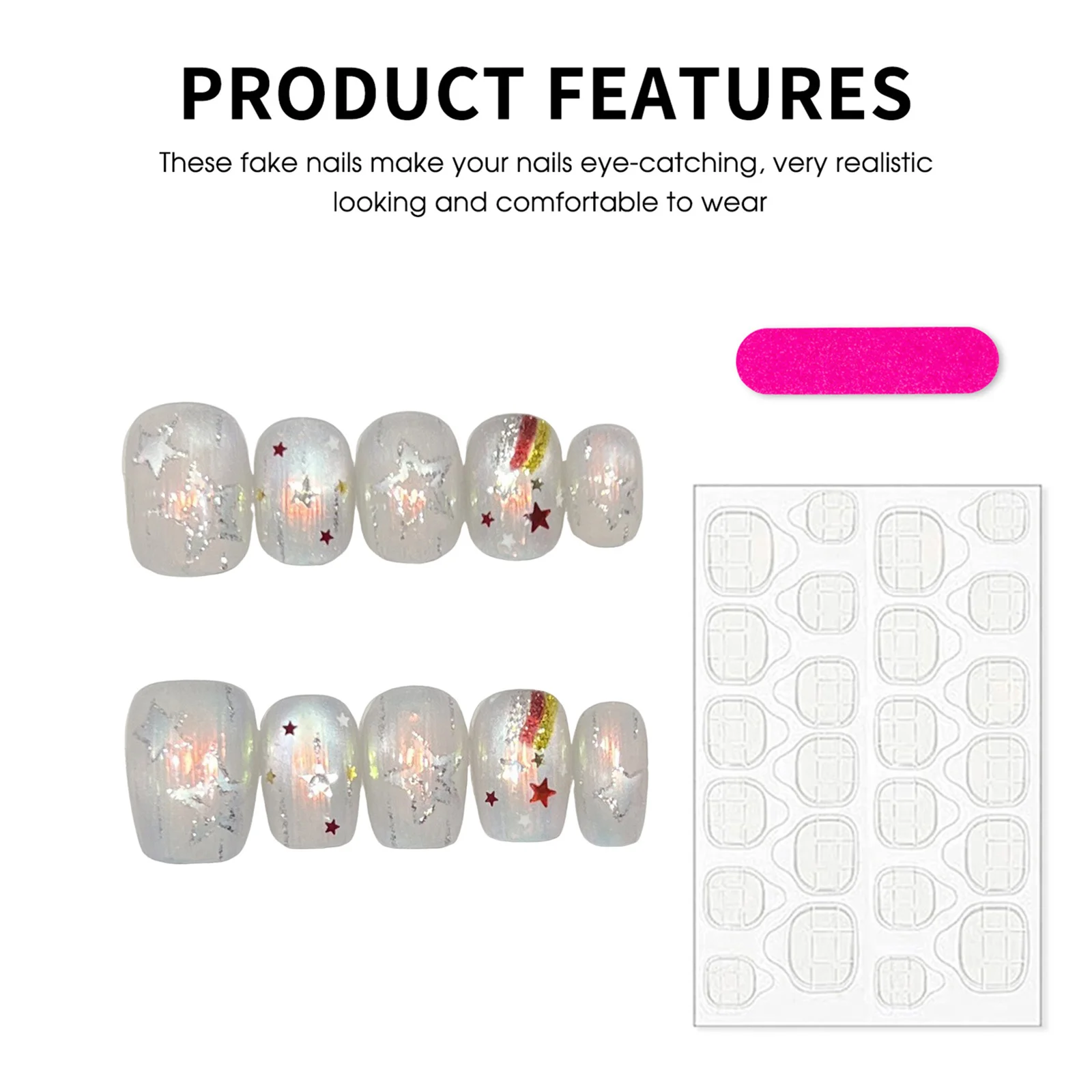 10 Stück kurze künstliche Nägel, glänzend, Aurora, handgefertigt, zum Aufdrücken der Nägel, bunte Stern-Designs, vollständige Abdeckung, zum Aufkleben, falsche Nägel, Patches