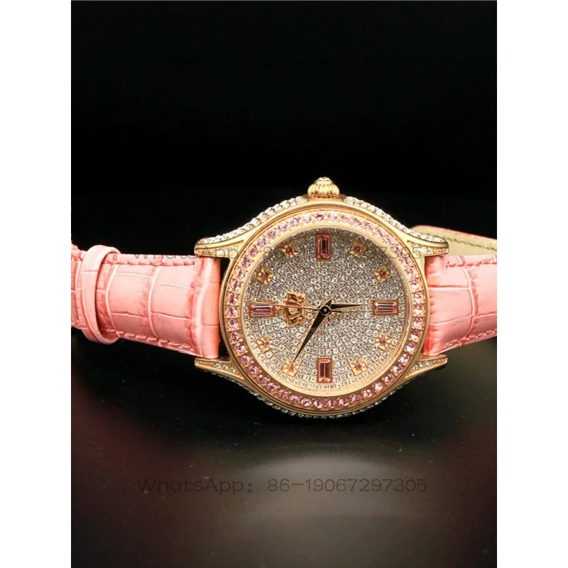 

855100 Da Qin Wang Jian Genuine New Chouette Fashion Rhinestone Leather Strap Pink Women's Quartz Movement Watch Pointer