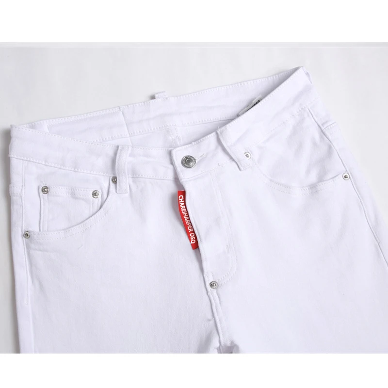 Jeans Charharper slim branco para homens, jeans rasgado de algodão, pequeno buraco capital, quatro estações, lazer, design italiano, 1333