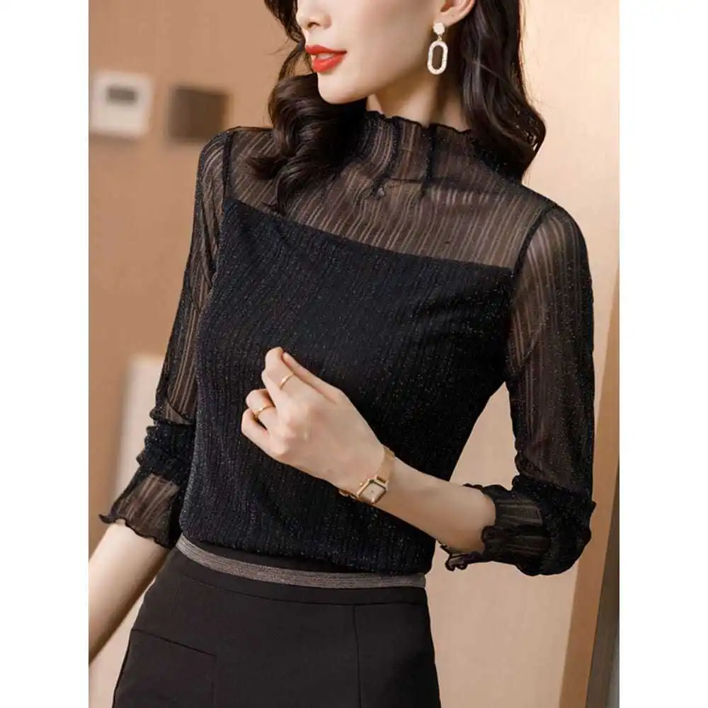 Women Autumn Winter Fleece Fashion Slim Net Yarn Bright Silk Lace Bottoming Shirt Ladies Simplicity All-match Lace Pullover Tops