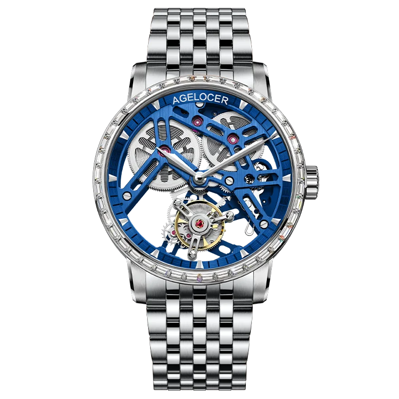 AGELOCER Origineel Tourbillon Horloge Stalen Band Heren Business Formeel Luxe Skelet Handmatig Mechanisch Horloge Verjaardagscadeau voor Heren