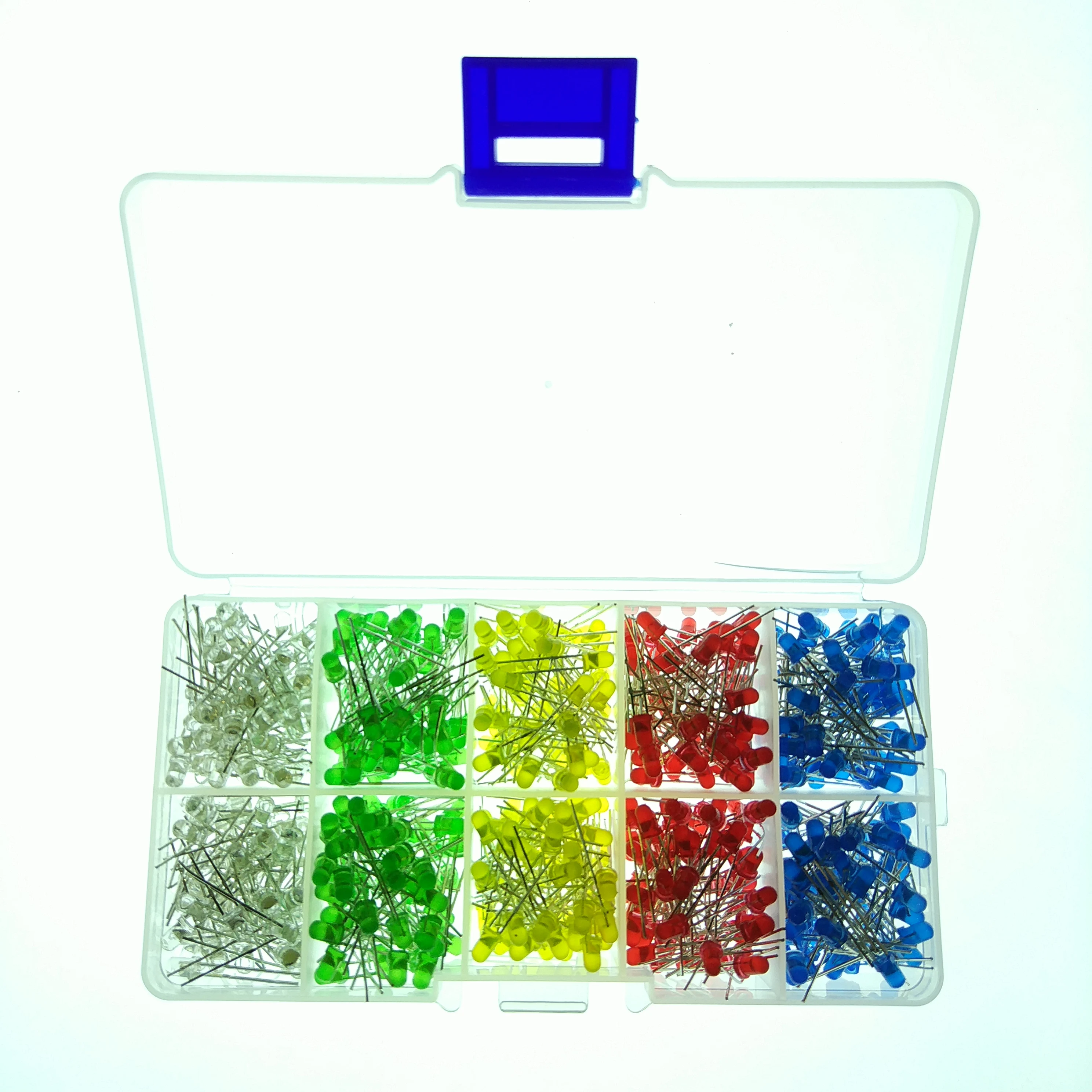 LED sample box 3MM red, yellow, blue, green, and white with 50 pieces each, 500pcs straight in lamp beads, short pins