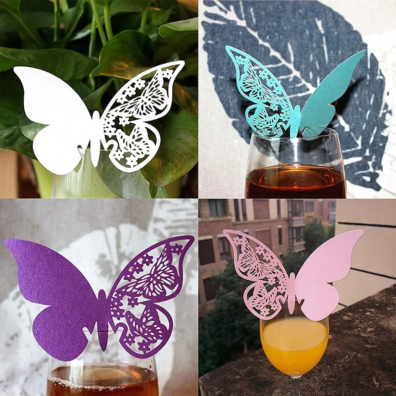 50pcs Purple Blue Pink White Shiny Butterfly Name Cards Seat Place Card Wine Glass Cup Paper Card For Wedding Party Decor