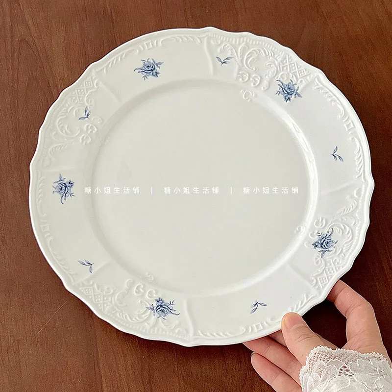 Blue Floral Print Floral Shape Ceramic Plates French Style Vintage Chinese Style Dessert Dish Exquisite Relief Flat Plate