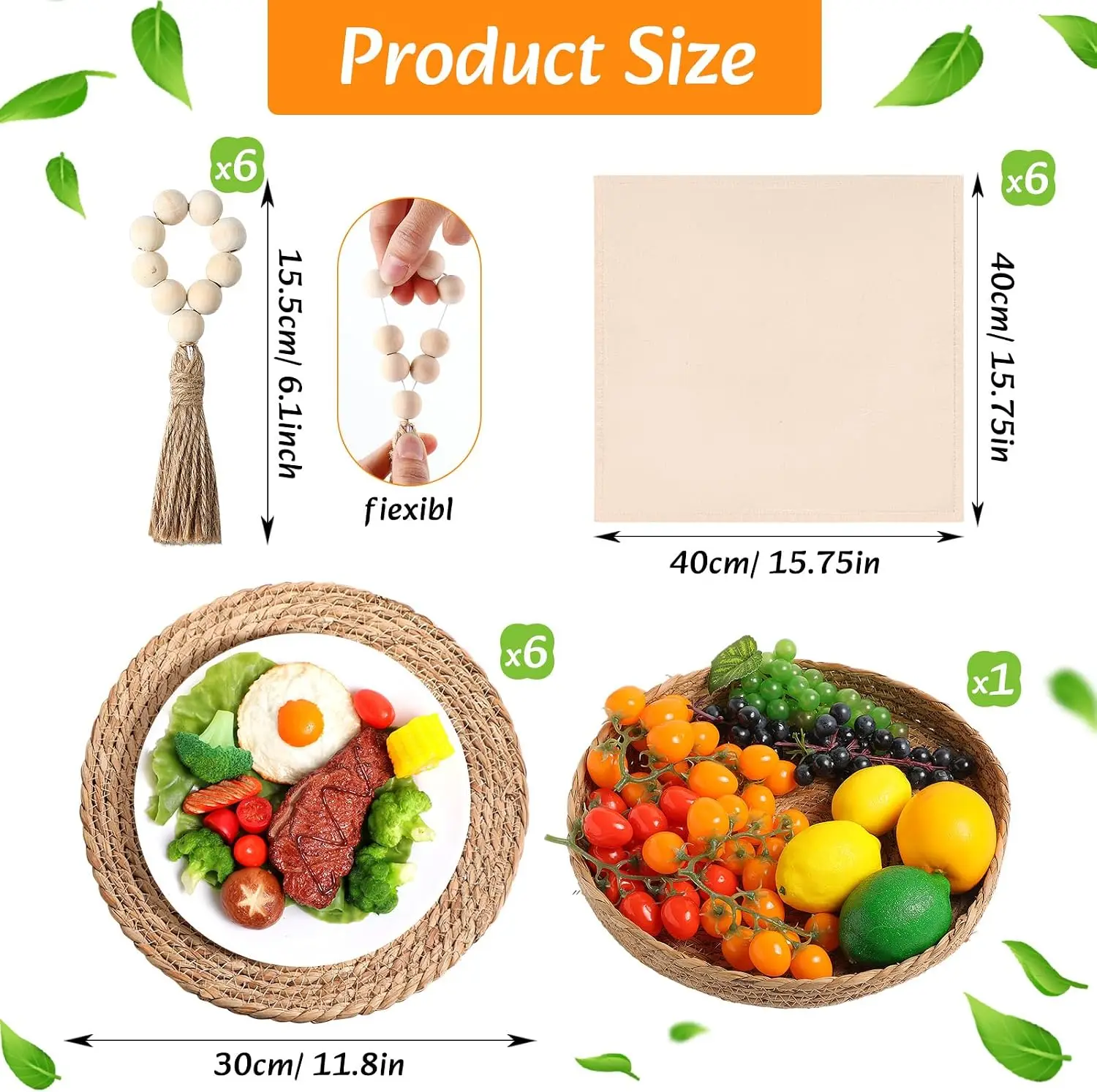 6Pcs Boho Placemat Set: Round Woven, Cloth Napkins, Wood Bead Rings, Long Table Runner, Khaki view 2