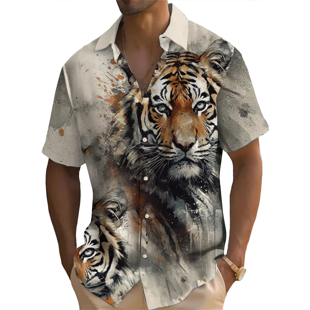 Summer Fashion Men\'s Short Sleeve Shirt Vintage Animal Tiger Print Street Casual Daily Oversized Men\'s Shirts Oversized Tops