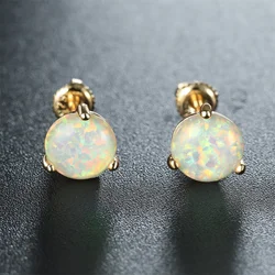 6/7/8MM Round Stone Screw Back Earring White Fire Opal Stud Earrings For Women Trendy Gold Color Wedding Jewelry Minimalist Gift