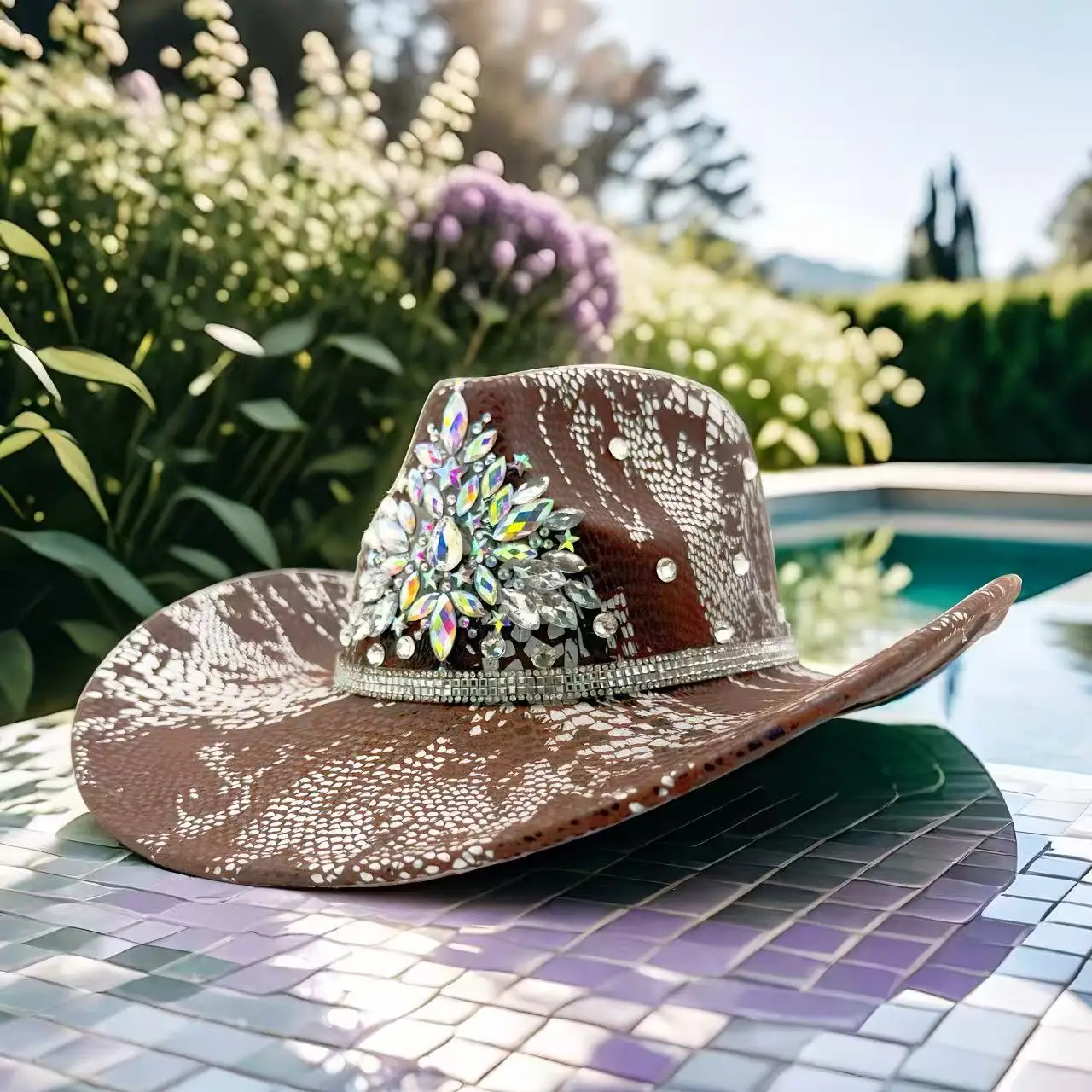 HongLuan Brown Glitter Costume Hat Adult & Cowboy Hats Rhinestone for Woman, Cowboy Cosplay Female Accessories & Cowgirl Cap