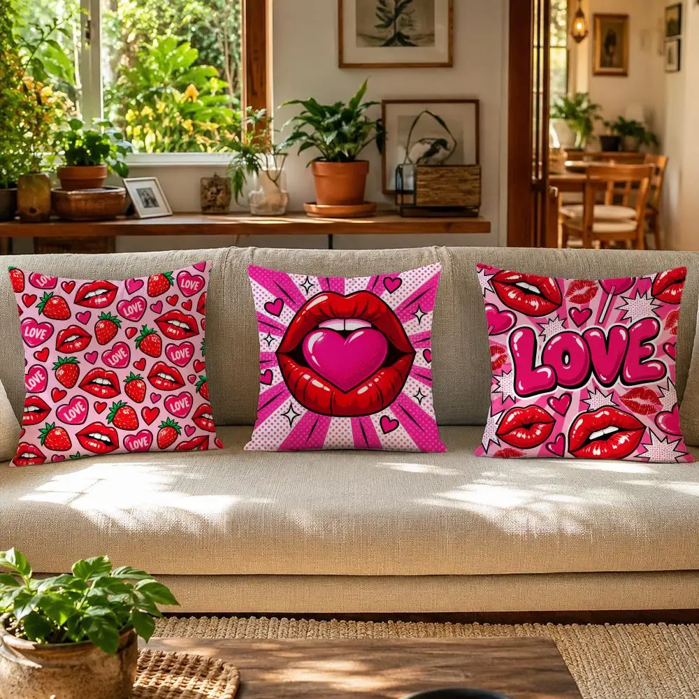 Pop Art Love Pink & Red Lips Cushion Cover Skin-Friendly Organic Linen Pillow Cover Durable Hypoallergenic Washable Soft