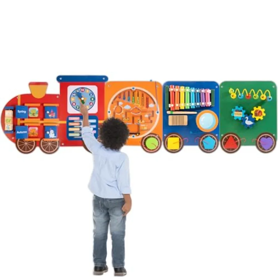 

Train Activity Wall Busy Board Panels 11-in-1 Wooden Sensory Wall Panel for Toddler Montessori Learning Activity Center Perfect
