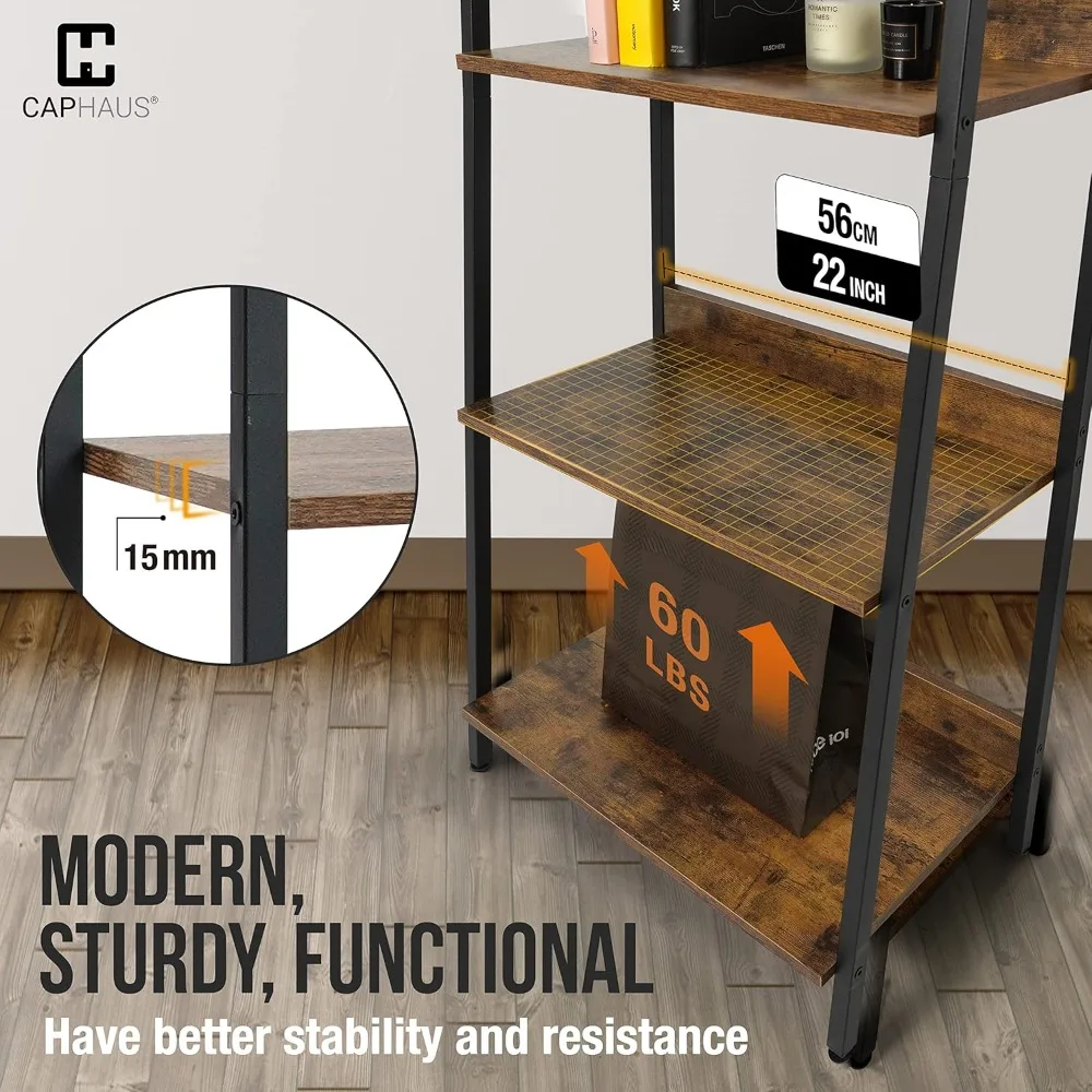 5 Tier Ladder Bookshelf, 24 Inch Width Free Standing Shelf, Bookcase Shelf Storage Rack Organizer, Industrial Book Shelves for