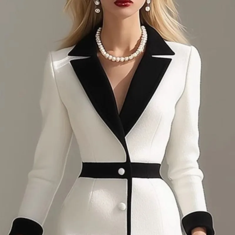 فستان بليزر نسائي بأزرار على شكل حرف v وأكمام طويلة على شكل حرف a تونيك في مكان العمل فستان رسمي للركاب في المكتب #3