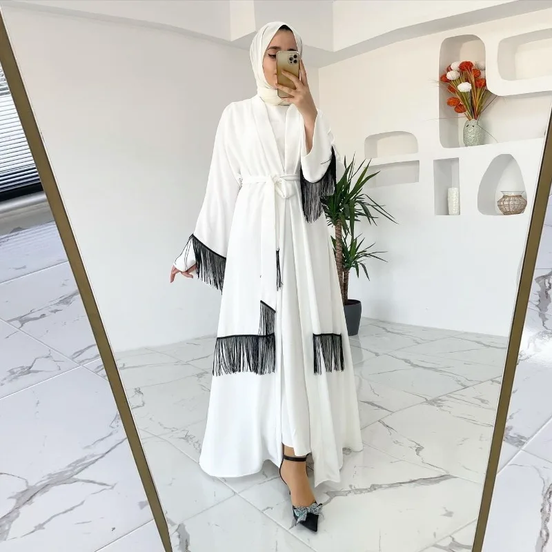 

Embroidered Muslim Swimsuit Fringe Women Abaya Dubai Lace Long Dress Elegant Kaftan Robe Dress