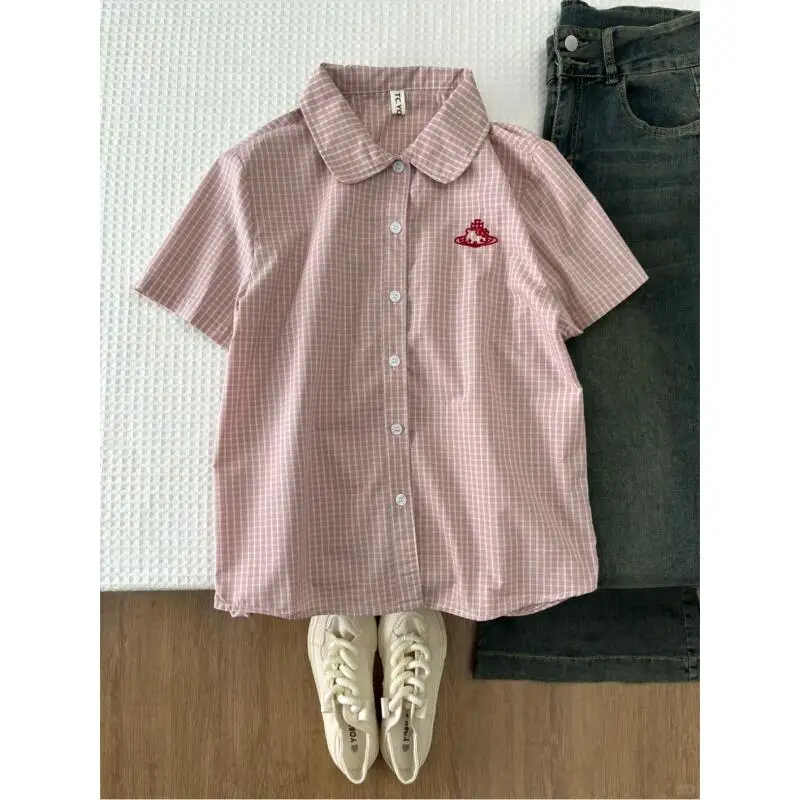 

Розовая рубашка Hello Kitty с вышивкой и короткими рукавами для девочек, летняя, в клетку, с воротником-стойкой, свободного кроя, удобная, модная, стройнящая