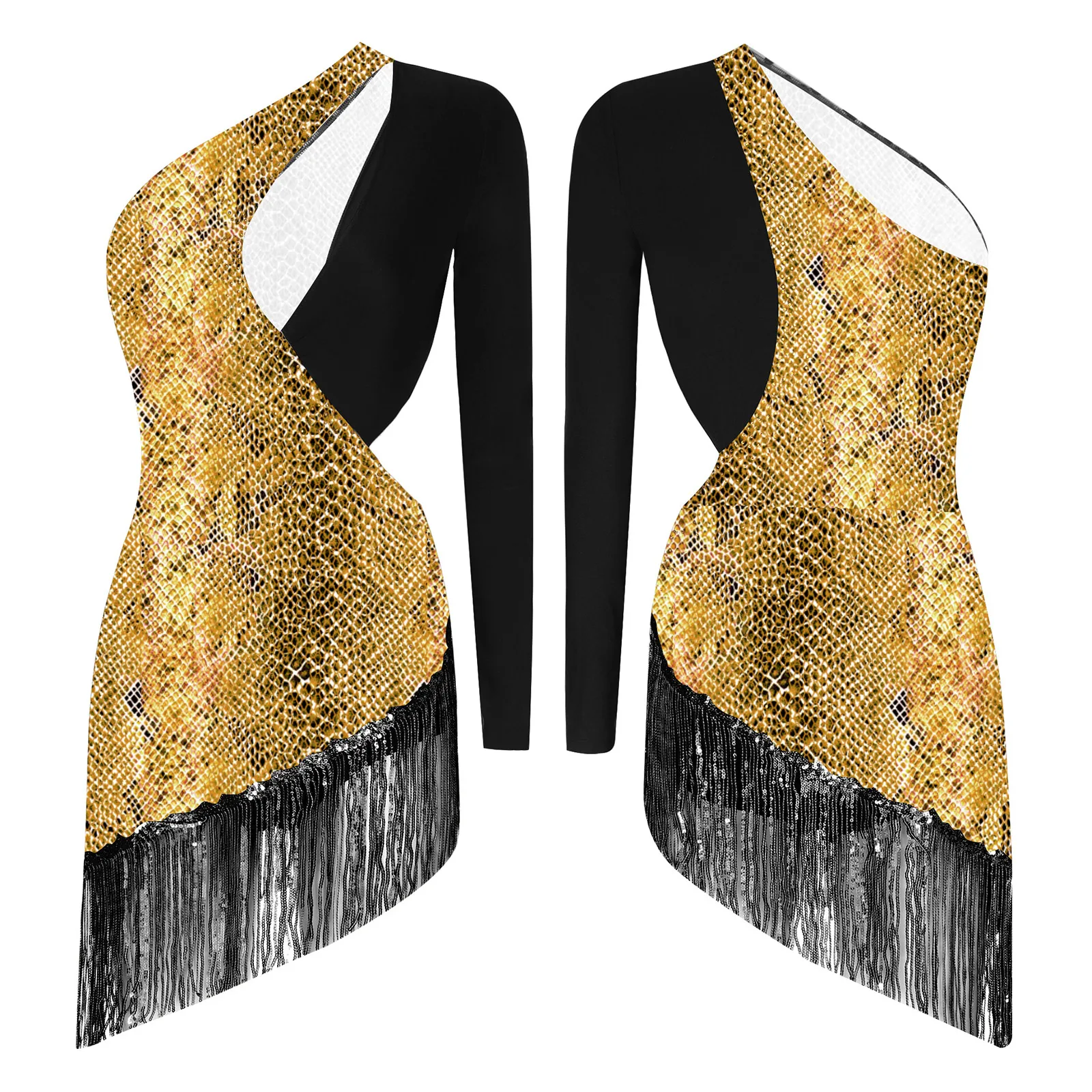 

Women Lyrical Latin Dance Outfit Asymmetric Shoulder Rhinestone Long Sleeve Cut Out Waist Tassel Latin Cha Cha Rumba Dress