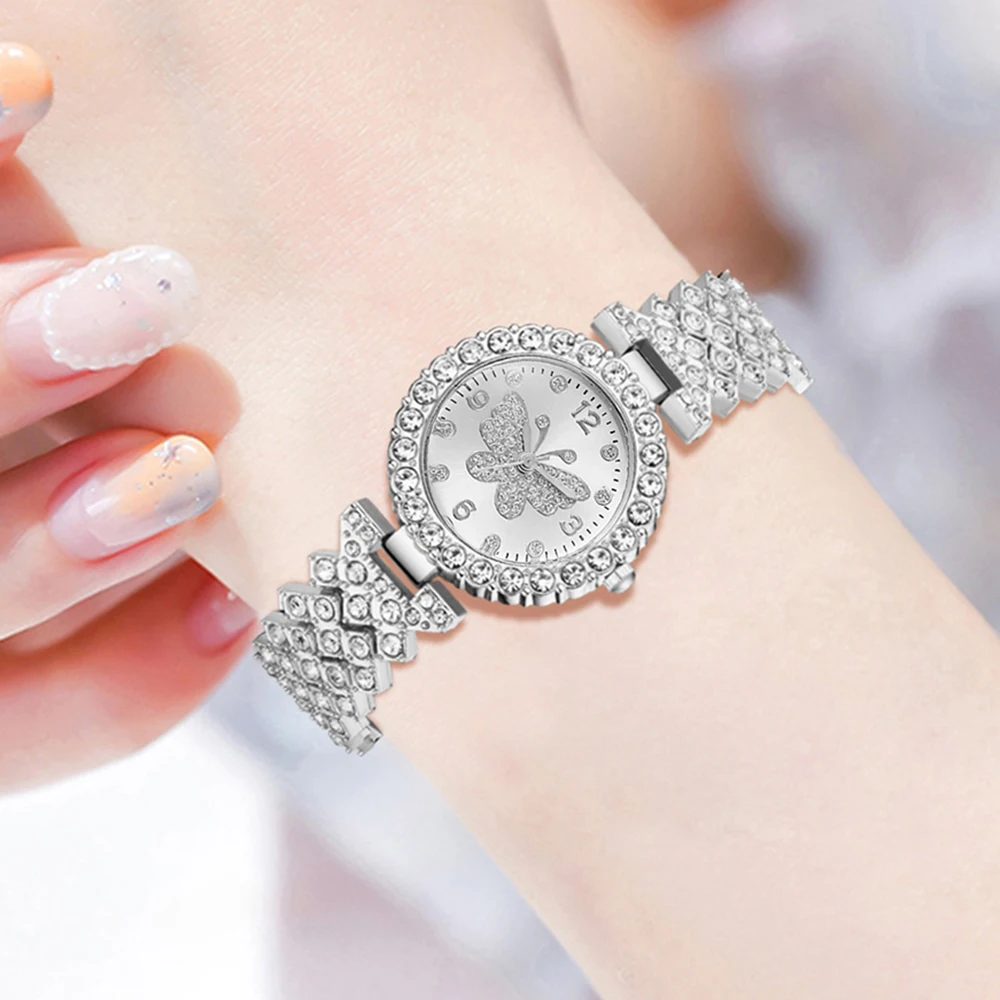 طقم ساعات نسائية فاخرة مكون من 5 قطع، عصري مع عنصر فراشة من حجر الراين، طقم سوار ساعة كوارتز هدية مثالية