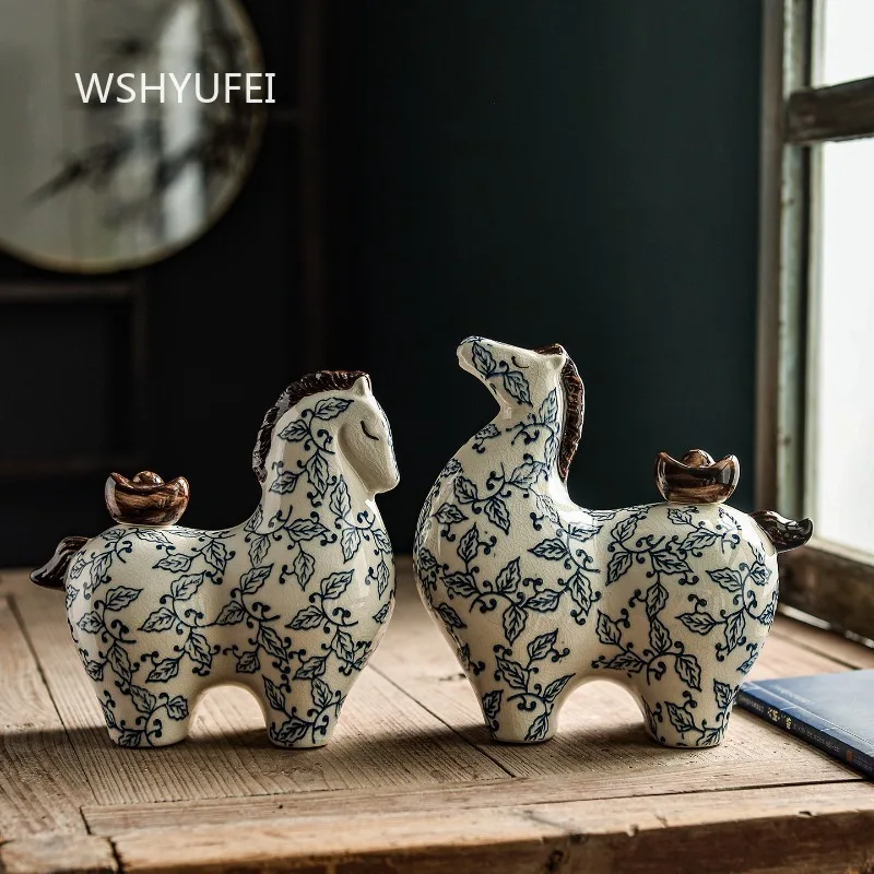 Blue and White Porcelain Horse Figurines Crackle Glaze Ceramic Statues with Ingot Vintage Chinese Style Tabletop Decor Ornaments