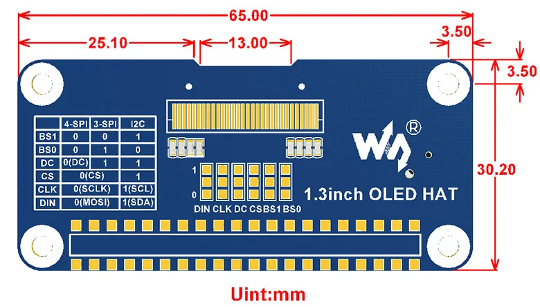 Waveshare 1.3inch OLED display HAT for Raspberry Pi 2B/3B/3B+/Zero/Zero W,128x64 pixels,SPI,I2C interface,embedded controller